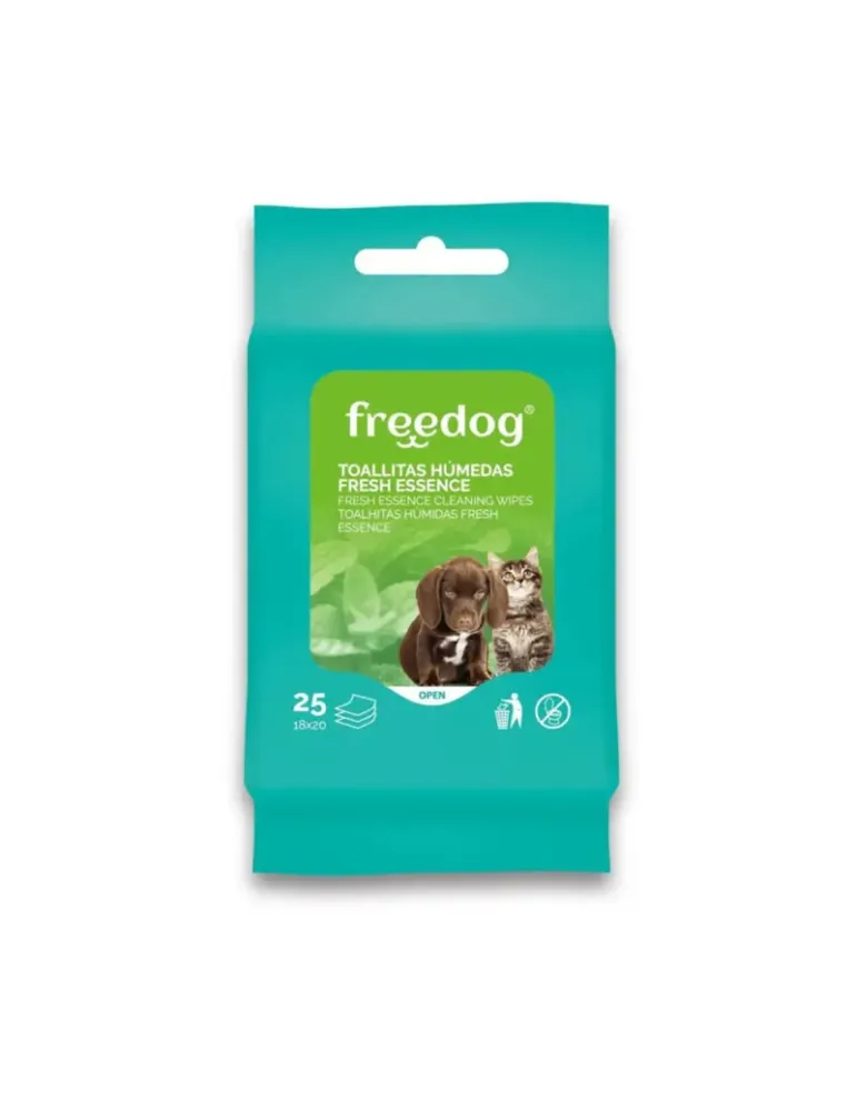 Paquete de 25 toallitas húmedas Freedog Fresh Essence para perros y gatos, con aroma fresco y fórmula suave para limpieza diaria