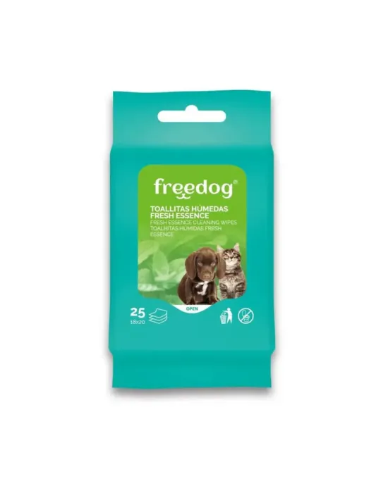 Paquete de 25 toallitas húmedas Freedog Fresh Essence para perros y gatos, con aroma fresco y fórmula suave para limpieza diaria