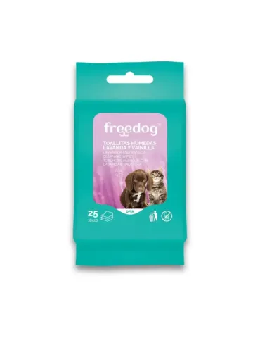 Paquete de toallitas húmedas Freedog con lavanda y vainilla para higiene de perros y gatos, con aroma relajante.