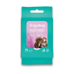 Paquete de toallitas húmedas Freedog con lavanda y vainilla para higiene de perros y gatos, con aroma relajante.