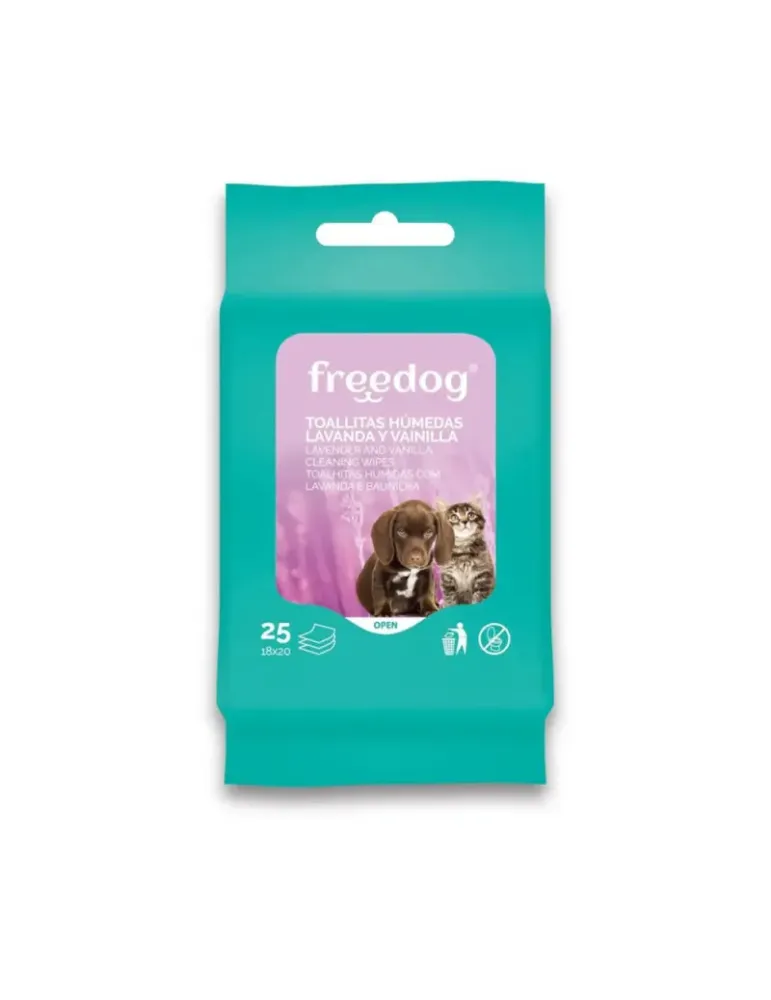 Paquete de toallitas húmedas Freedog con lavanda y vainilla para higiene de perros y gatos, con aroma relajante.