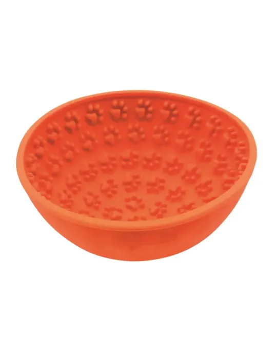 Comedero interactivo naranja de silicona con diseño de huellas para estimular el lamido en perros y mejorar su bienestar.