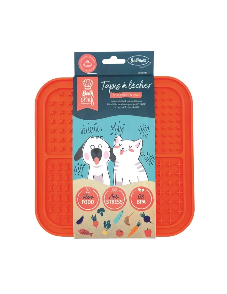 Bubimex BubiChef LickFour — alfombrilla naranja con varias texturas en su envase