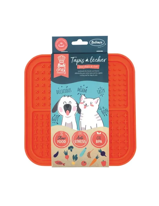 Bubimex BubiChef LickFour — alfombrilla naranja con varias texturas en su envase