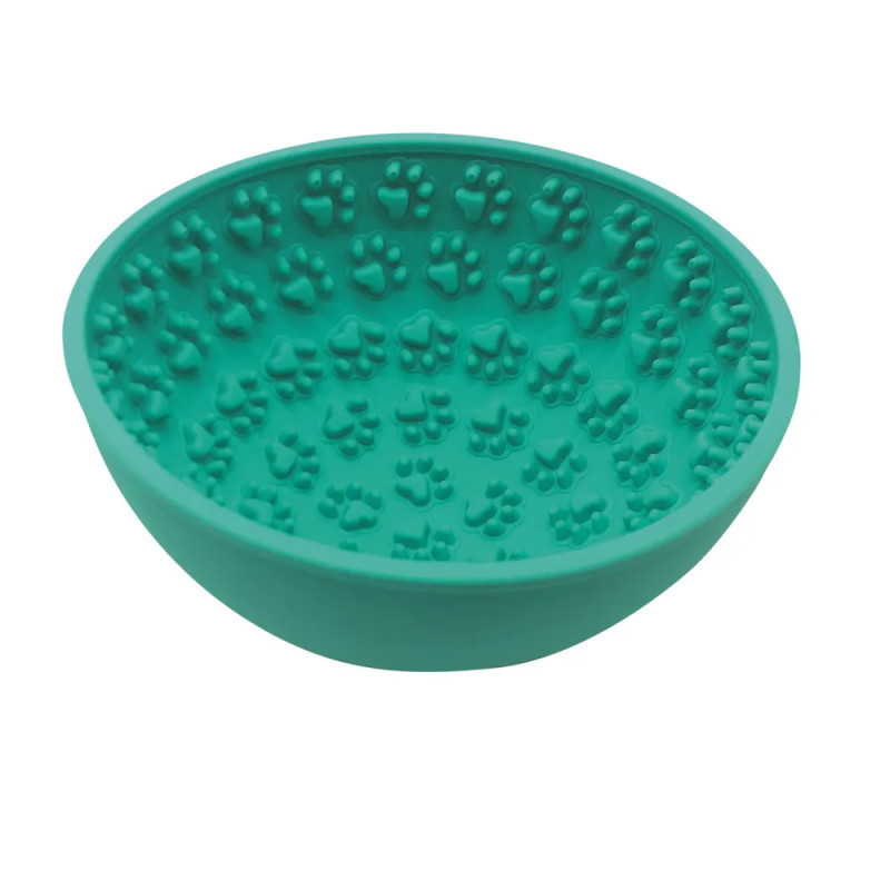 Comedero interactivo verde para perros de silicona con relieve de huellas, ideal para lamer, reducir ansiedad y comer más lento.