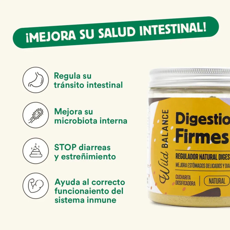 Beneficios del suplemento Digestiones Firmes de Wild Balance: regula tránsito, mejora microbiota, evita diarreas y apoya la inmu
