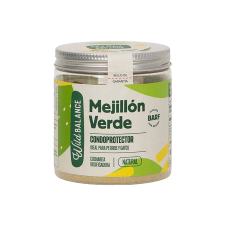 Bote de suplemento natural Wild Balance Mejillón Verde, condoprotector en polvo para perros y gatos de todas las edades.