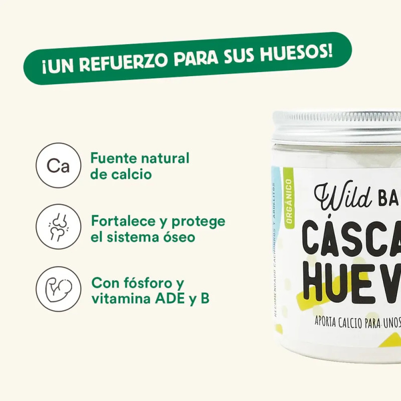 Beneficios del suplemento Cáscara de Huevo de Wild Balance para perros y gatos: fuente natural de calcio, fortalece sistema óseo
