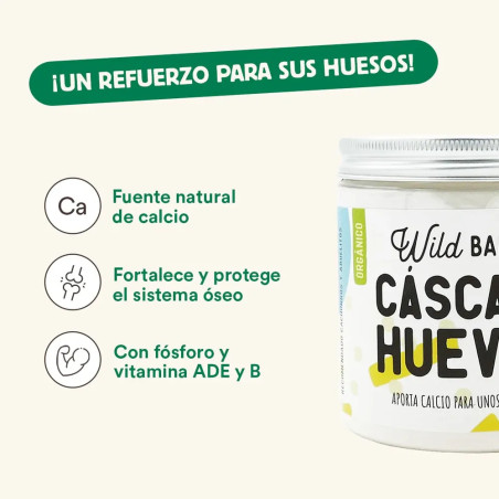 Beneficios del suplemento Cáscara de Huevo de Wild Balance para perros y gatos: fuente natural de calcio, fortalece sistema óseo