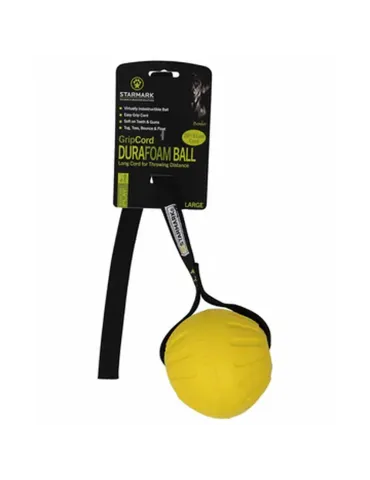 Pelota Starmark GripCord Durafoam amarilla con cuerda para perros, juguete resistente y suave con dientes