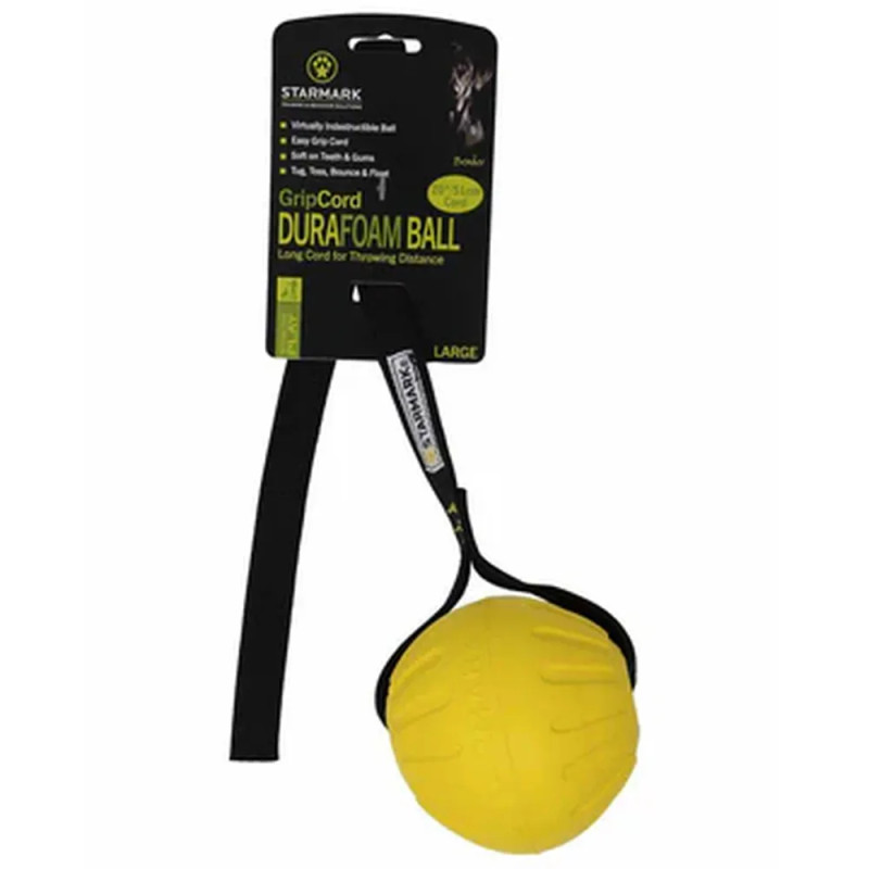 Pelota Starmark GripCord Durafoam amarilla con cuerda para perros, juguete resistente y suave con dientes