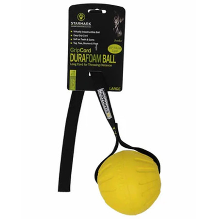 Pelota Starmark GripCord Durafoam amarilla con cuerda para perros, juguete resistente y suave con dientes