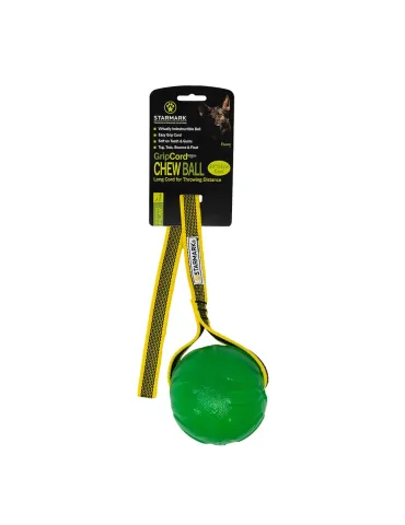 Pelota verde Starmark GripCord Chew Ball con cuerda amarilla, juguete resistente para perros
