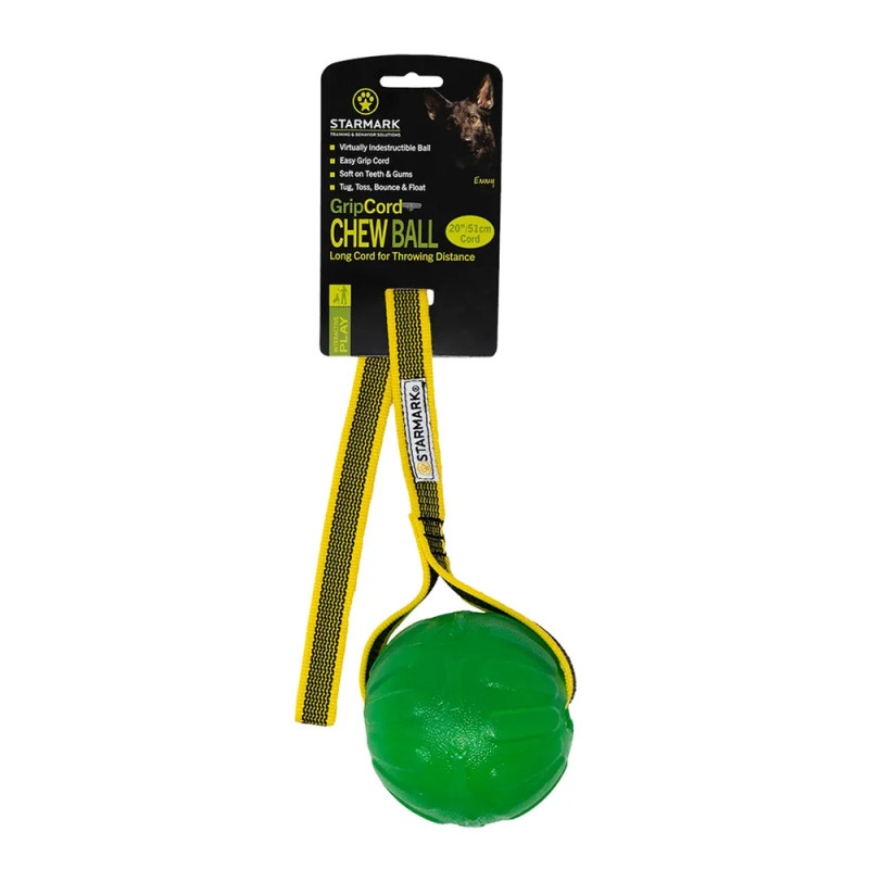 Pelota verde Starmark GripCord Chew Ball con cuerda amarilla, juguete resistente para perros