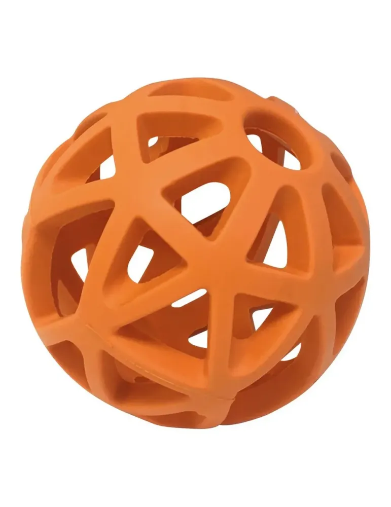Pelota naranja AtomBall con estructura hueca para insertar snacks – juguete resistente para perros.