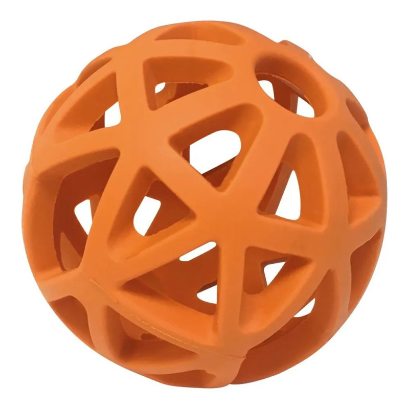 Pelota naranja AtomBall con estructura hueca para insertar snacks – juguete resistente para perros.