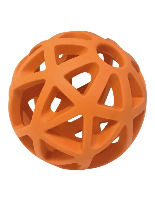 Pelota naranja AtomBall con estructura hueca para insertar snacks – juguete resistente para perros.