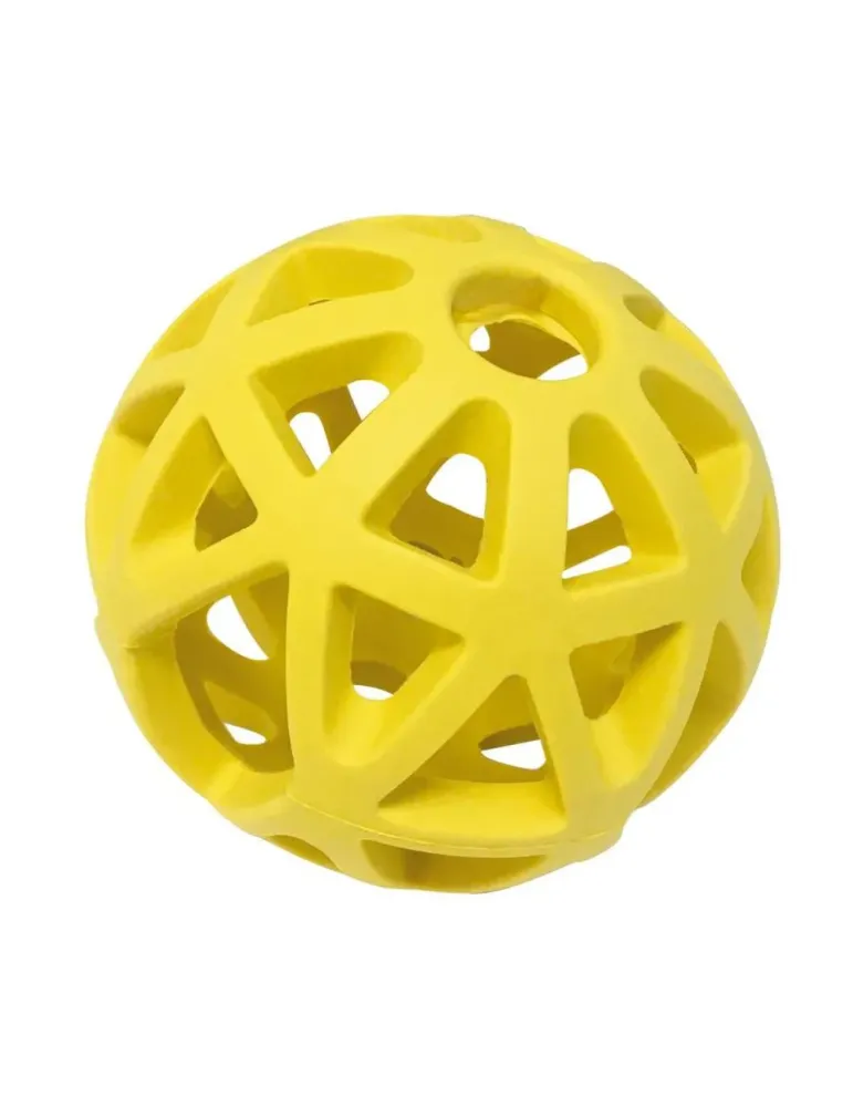 Pelota amarilla para perro AtomBall – goma ligera con aberturas para premios.