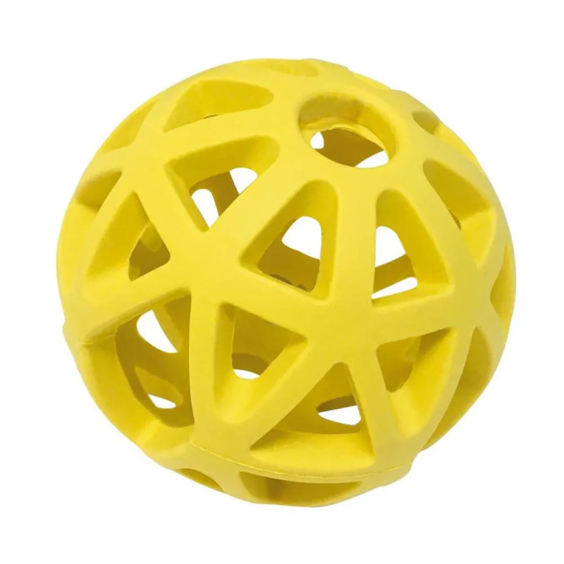 Pelota amarilla para perro AtomBall – goma ligera con aberturas para premios.