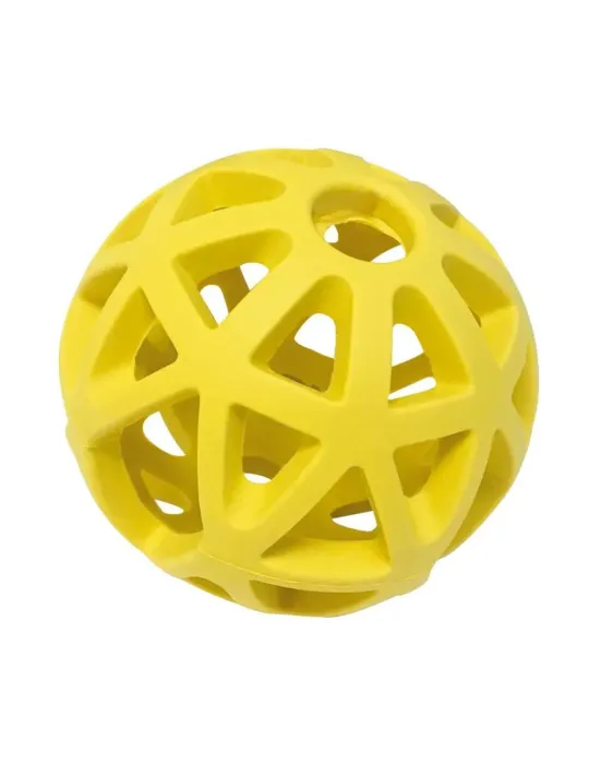 Pelota amarilla para perro AtomBall – goma ligera con aberturas para premios.