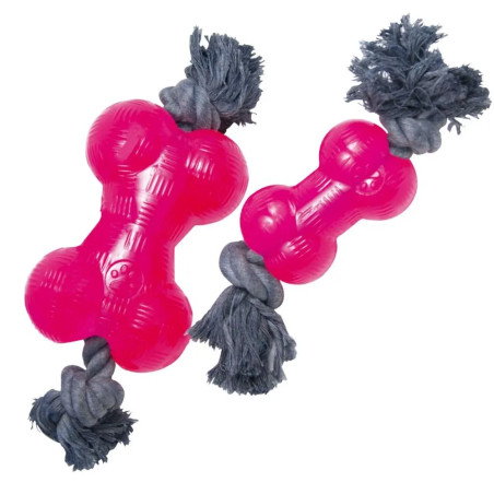 Juguete para perros – hueso de goma fucsia con cuerda trenzada gris, ideal para masticar y jugar.