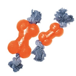 Juguete para perros – hueso de goma fucsia con cuerda trenzada gris, ideal para masticar y jugar. 2