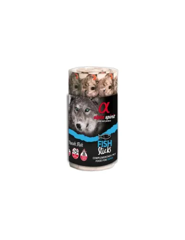 Ristra de sticks húmedos Alpha Spirit Fish Sticks – complemento natural para perros, con tira de 16 barritas.