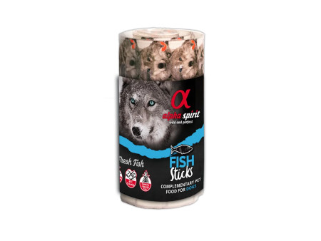 Ristra de sticks húmedos Alpha Spirit Fish Sticks – complemento natural para perros, con tira de 16 barritas.