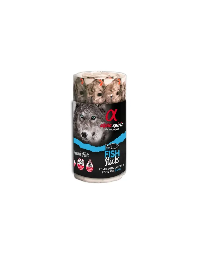 Ristra de sticks húmedos Alpha Spirit Fish Sticks – complemento natural para perros, con tira de 16 barritas.