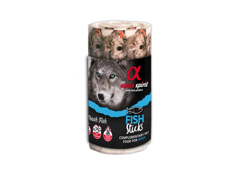 Ristra de sticks húmedos Alpha Spirit Fish Sticks – complemento natural para perros, con tira de 16 barritas.