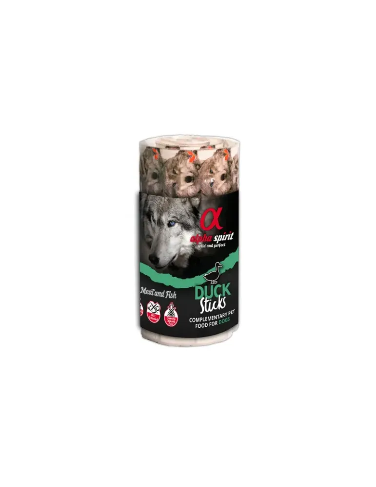 Ristra de sticks húmedos Alpha Spirit Duck Sticks – snack complementario con pato, pollo y pescado.