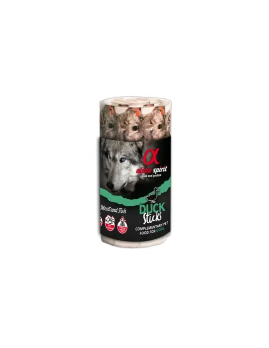 Ristra de sticks húmedos Alpha Spirit Duck Sticks – snack complementario con pato, pollo y pescado.