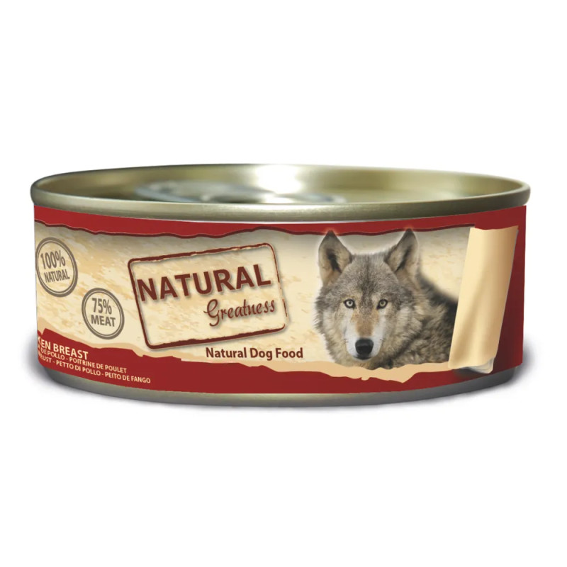 Lata de comida húmeda Natural Greatness con 100 % pechuga de pollo para perros, receta natural y sin aditivos.