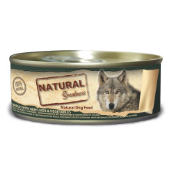 Lata de comida húmeda Natural Greatness con pechuga de pollo, hígado de buey y verduras en trozos, ideal como premio natural par