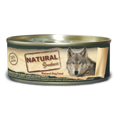Lata de comida húmeda Natural Greatness con pechuga de pollo, hígado de buey y verduras en trozos, ideal como premio natural par