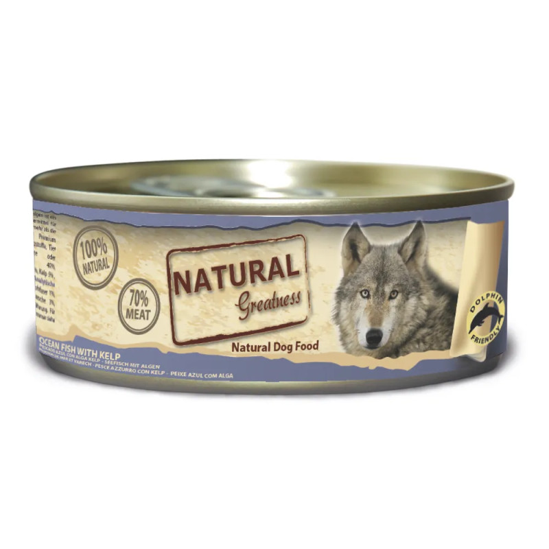 Lata de comida húmeda Natural Greatness con pescado azul del océano y algas, receta natural para perros.