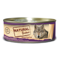 Lata de comida húmeda Natural Greatness con pechuga de pollo y verduras, receta equilibrada para perros.