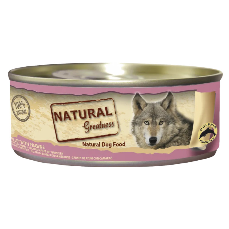 Lata de comida húmeda Natural Greatness con filete de atún y gambas, sabor marino premium para perros.
