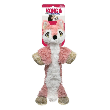 Juguete para perro KONG Low Stuff Flopzie Fox rosa con textura suave, relleno mínimo y squeaker para juegos interactivos.