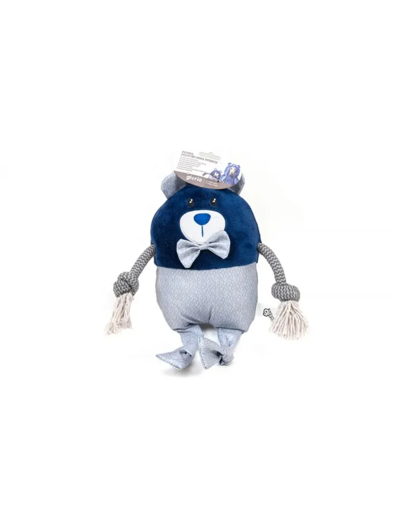 Peluche para perro con forma de oso azul de Gloria Pets, con lazo y extremidades de cuerda