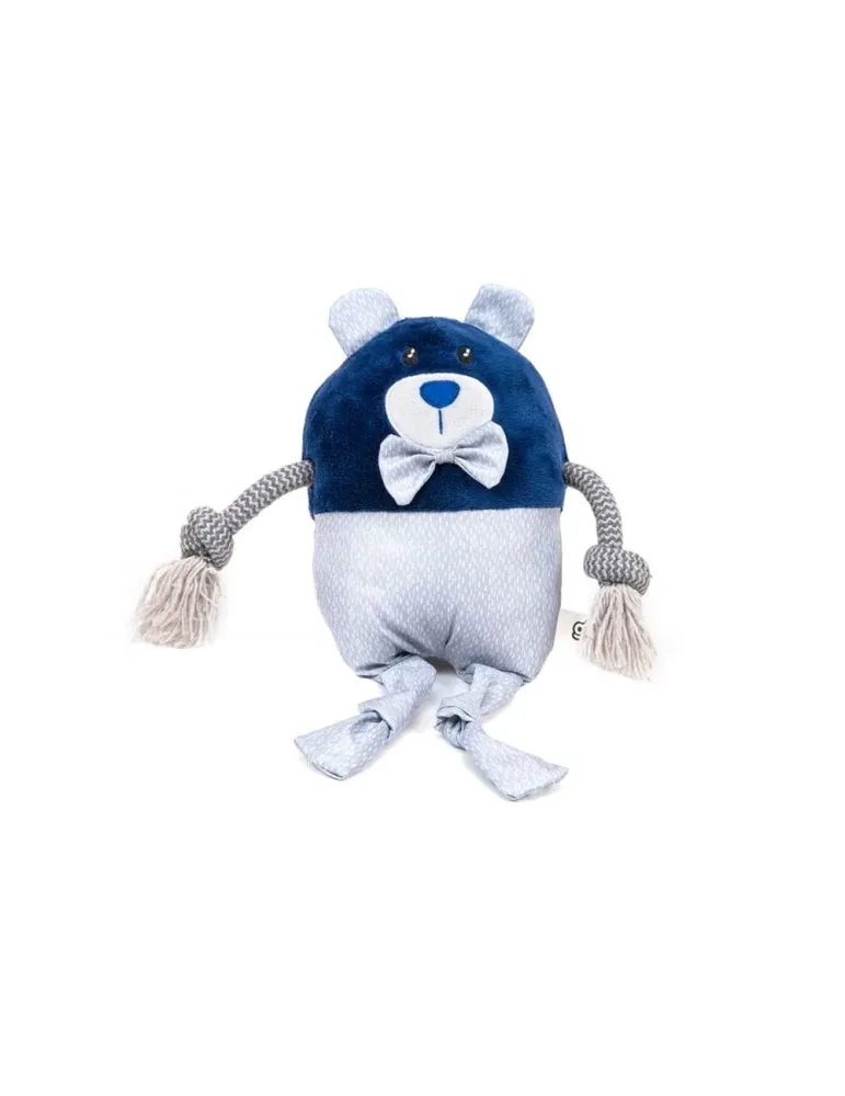 Vista frontal del peluche para perro Gloria Pets en forma de oso azul con lazo y brazos de cuerda