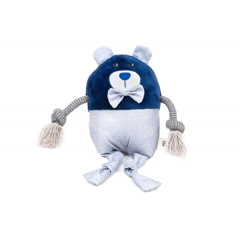 Vista frontal del peluche para perro Gloria Pets en forma de oso azul con lazo y brazos de cuerda