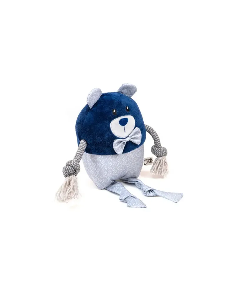 Vista lateral del peluche Gloria Pets para perros en forma de oso azul con lazo y brazos de cuerda