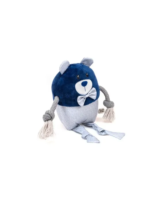 Vista lateral del peluche Gloria Pets para perros en forma de oso azul con lazo y brazos de cuerda