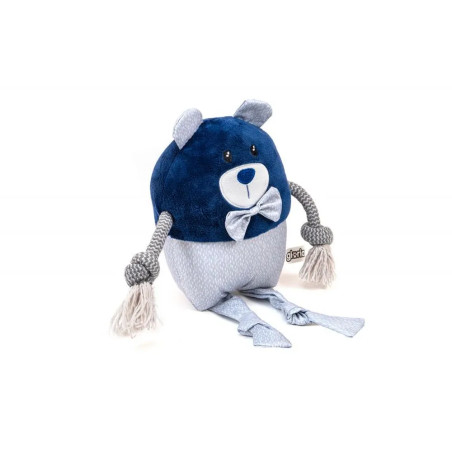 Vista lateral del peluche Gloria Pets para perros en forma de oso azul con lazo y brazos de cuerda