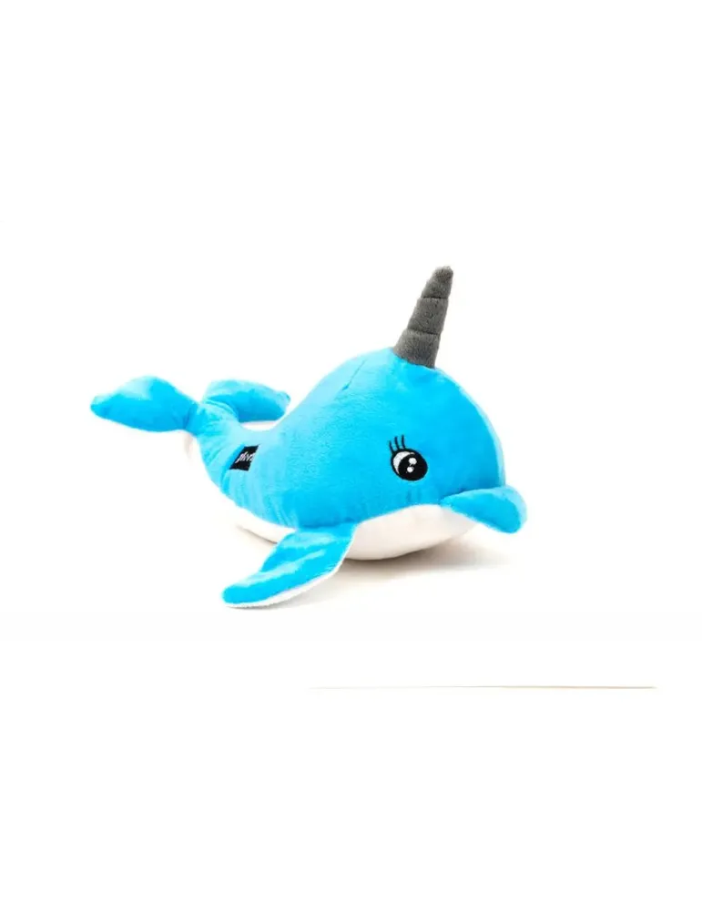 Peluche narval azul frontal para perros Gloria Pets con cuerno gris