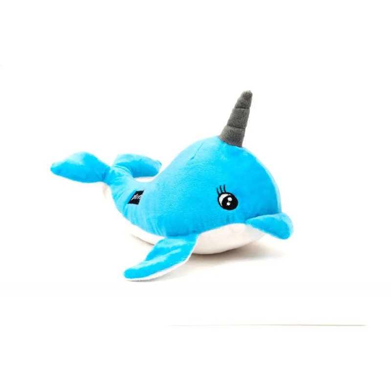 Peluche narval azul frontal para perros Gloria Pets con cuerno gris
