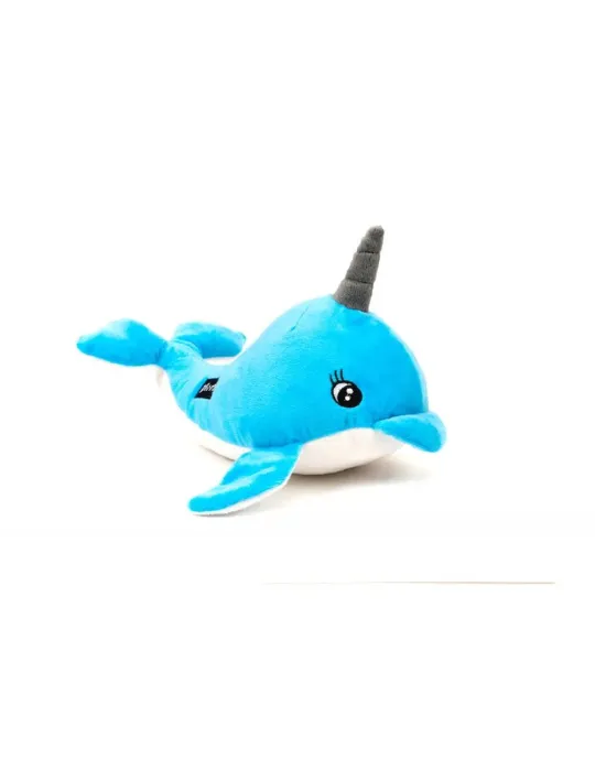 Peluche narval azul frontal para perros Gloria Pets con cuerno gris