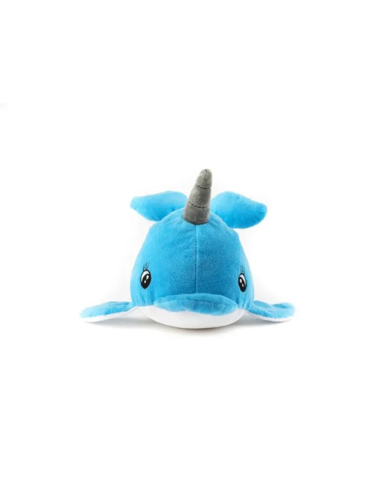 Peluche narval azul para perros Gloria Pets con cuerno gris visto de frente