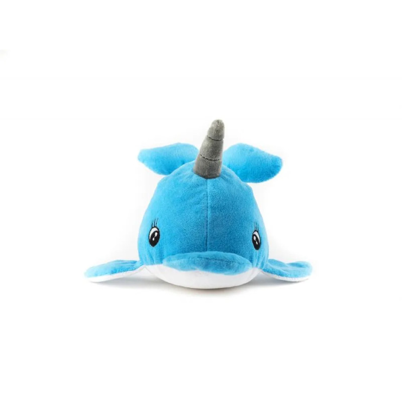Peluche narval azul para perros Gloria Pets con cuerno gris visto de frente